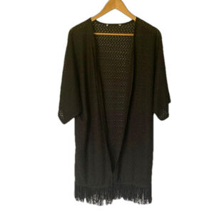 Fringed Open Front Swim/Beach Cover Up, Black